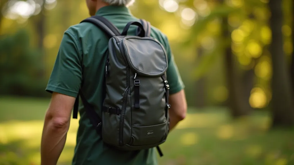 Ergonomický procházkový batoh zavěšený na rameni, fotografie z boku s detaily polstrování a kapsy