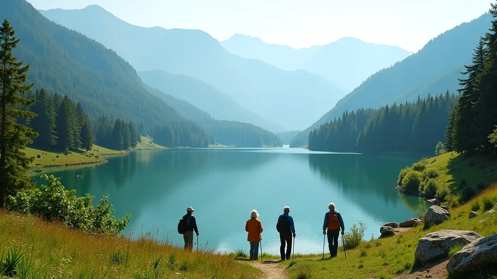 Malé jezírko obklopené stromy v okolí kolonády, panoramatický pohled na údolí, procházející se důchodci