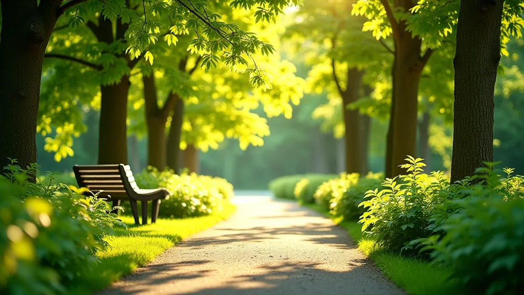 Letní park se sytou zelení a sluneční paprsky mezi stromy, krásný stín